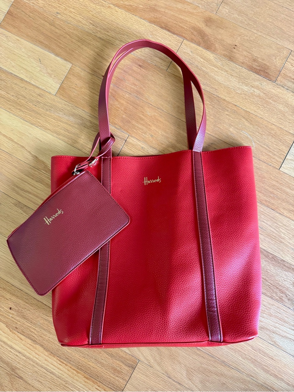 Harrods Red Pebbled Leather Tote with Matching Pouch